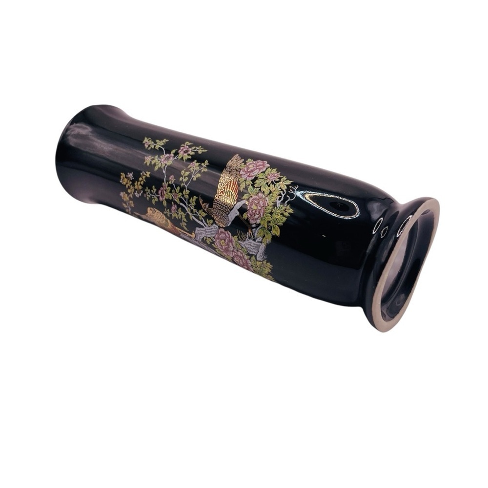 Vintage Otagiri Japan Peacock Crown Iris Black Gold Ceramic Bud Vase 6.5 In - Picture 10 of 13